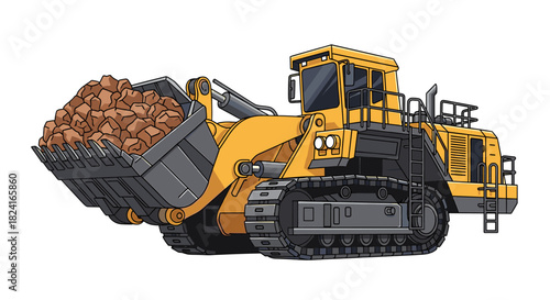 Yellow bulldozer with a full bucket of rocks, depicted in a detailed vector illustration.