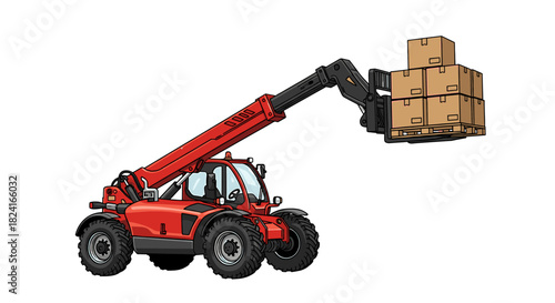 A red forklift lifting a pallet of cardboard boxes, ready for transport.