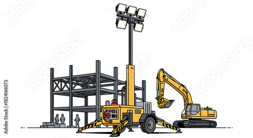 Illustration of a construction site with a light tower, excavator, and steel framework of a building under construction.