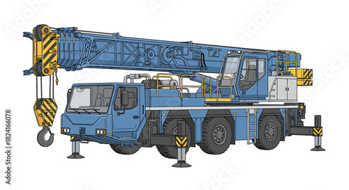 A blue mobile crane, depicted in a side view, ready for construction operations.