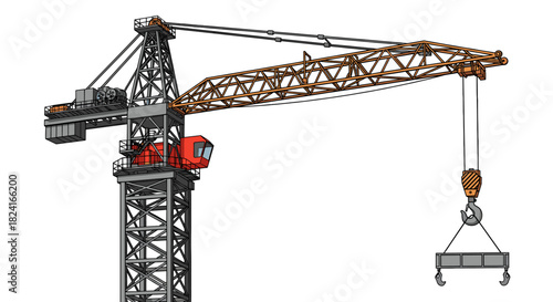 Illustration of a construction crane lifting a container with hooks, against a white background.