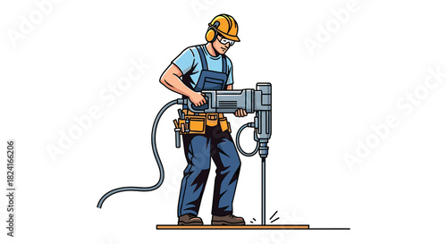 Construction worker drilling into a wooden plank with a large drill, wearing safety gear.