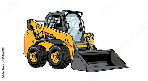 A yellow skid-steer loader, ready for construction, isolated on white.