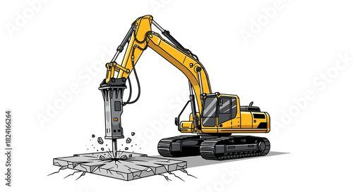 A yellow excavator breaking concrete with a powerful hydraulic hammer.