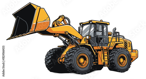 Illustration of a yellow front loader with its bucket raised, isolated on a white background.