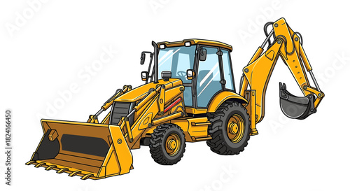 A bright yellow backhoe loader, ready for construction tasks, isolated.
