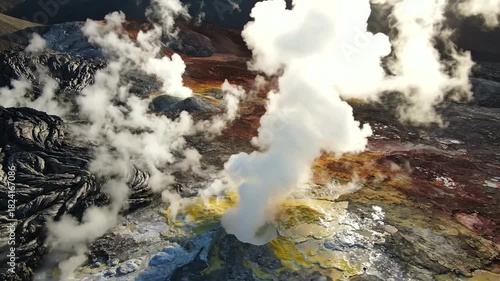 Aerial panorama of volcanic landscape with fumaroles and vibrant mineral deposits offering a stark