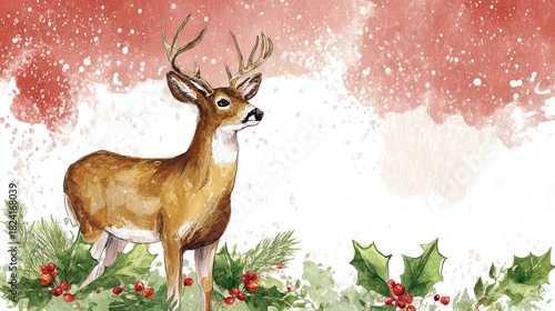 A watercolor depiction of a deer placed against a cheerful, holiday-themed Christmas backdrop
