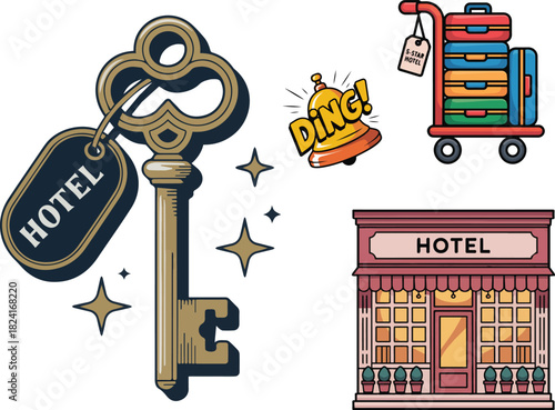 Hotel service icons vector set of key, luggage cart, service bell and building colorful illustration