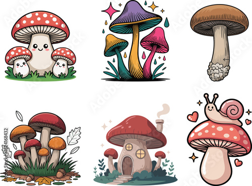 Cute magical mushroom clipart set of kawaii forest toadstools, snail and fairy house vector flat illustration
