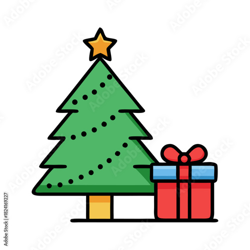 Decorated Christmas Tree with Gift Box Icon Vector Illustration