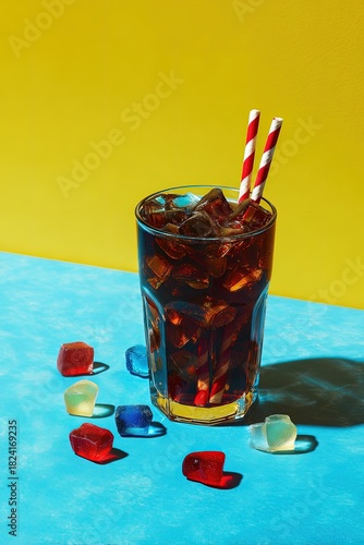 Colorful soda with ice and candy