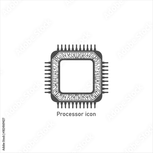 Microprocessor Chip Icon Vector Illustration, Modern CPU Circuit Symbol, Electronic Hardware Component Isolated on White Background Line Design Style

