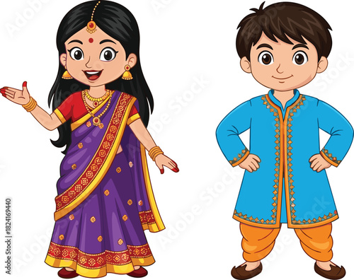 Indian kids vector characters, traditional culture clothing illustration, festival costume design, boy kurta, girl saree, ethnic celebration clipart, cultural outfits graphic.