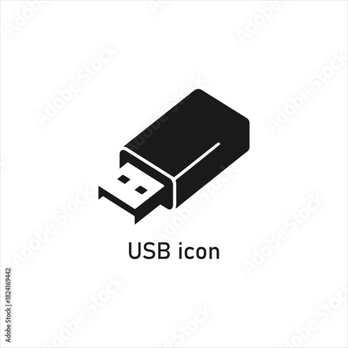 USB Flash Drive Icon Vector, Black Memory Stick Symbol Illustration, Simple Portable Storage Device Isolated on Clean White Background

