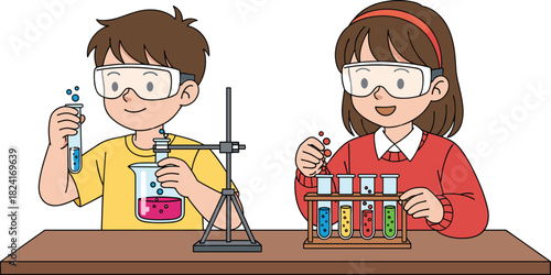 Kids science lab vector illustration, school experiment learning, test tubes, beaker stand, chemistry class activity, cute student characters, STEM education graphic, isolated design.
