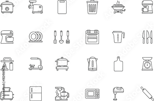 Kitchen appliances vector icons, cooking equipment symbols, modern line art illustration, household tools set, mixer, toaster, oven, knife, blender, grill, coffee 