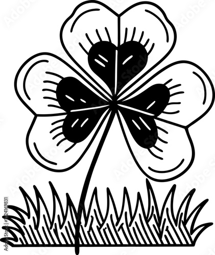 Four leaf clover illustration in grass lucky shamrock outline, botanical drawing, spring nature element, black and white floral design