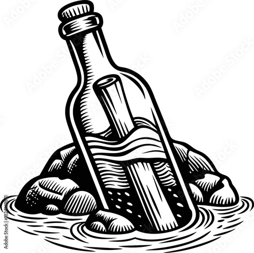 Message in a bottle washed ashore among rocks vintage hand drawn illustration, communication, adventure, lost mail, ocean mystery concept
