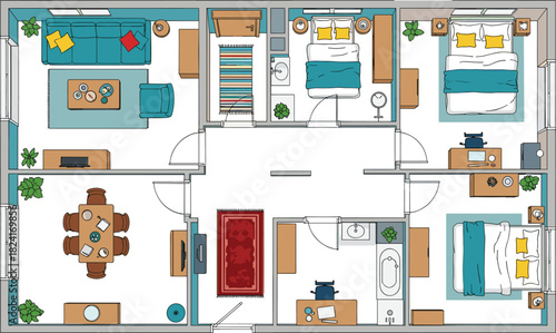 Modern home floor plan, apartment layout top view, living room sofa, bedroom beds, dining table, bathroom, plants, rugs, interior furniture arrangement, 2D planning illustration.