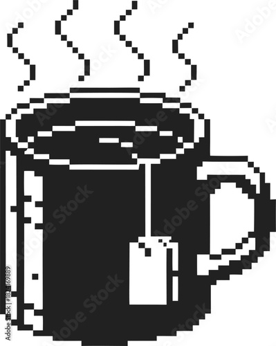 Pixel art steaming mug with tea bag black and white retro style, minimalist hot drink, comforting beverage illustration