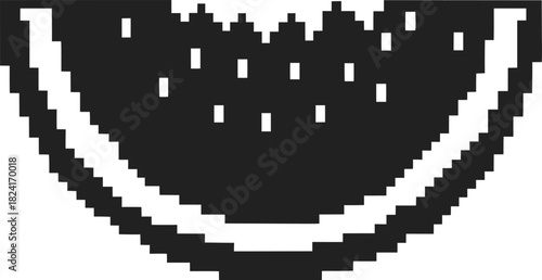 Pixel art watermelon slice, retro black and white fruit illustration minimalist blocky summer food, digital pixelated design