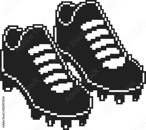 Pixel art soccer cleats black and white voxel football shoes with laces and studs, retro digital illustration