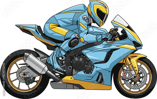 Sport motorcycle vector illustration, supersport bike rider graphic, blue yellow racing helmet, aerodynamic motorbike speed motion, track racing concept, high performance machine art isolated.