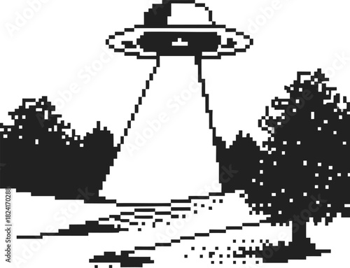 Pixel art ufo with beam of light abducting object black and white alien spaceship in night forest, retro digital illustration