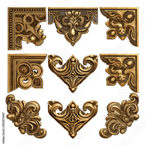 Decorative antique gold chest corners clipart set with baroque ornaments, isolated PNG on transparent background
