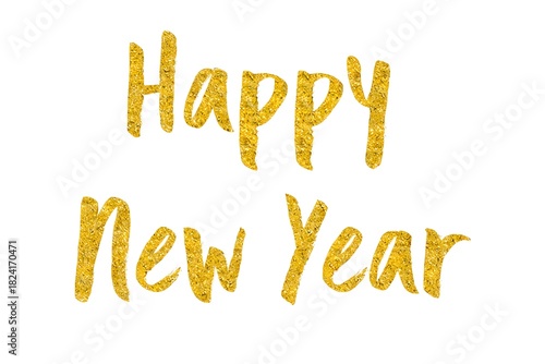 Golden glitter happy new year text isolated on white background