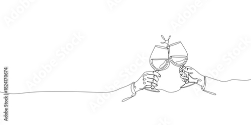 single continuous line drawing of pair of hands toasting with two wine glasses celebration and party concept continuous sketch doodle vector illustration banner