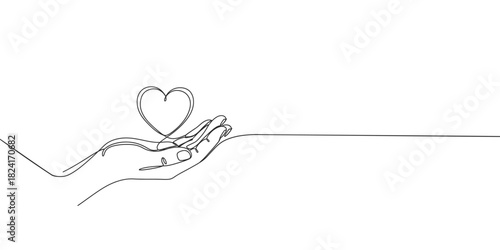 single continuous line drawing of hand holding heart shape minimalistic concept of love care and health continuous sketch doodle vector illustration banner
