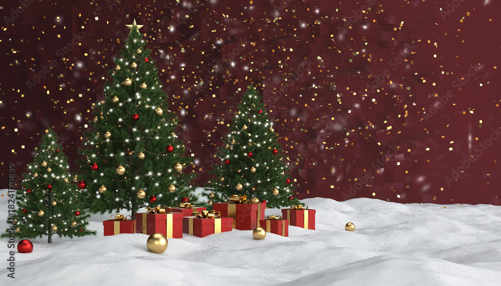 Obraz premium A winter holiday scene with three decorated Christmas trees and a pile of red and gold presents resting on a snowy ground. Sparkles fall against a deep crimson background.
