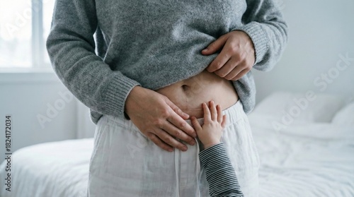 Young child's hand gently touching mother's c section scar on her belly, symbolizing maternal bond, childbirth journey, and body acceptance after pregnancy