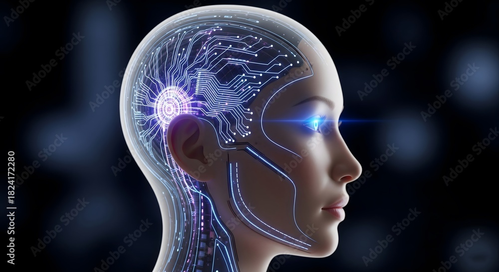 Obraz premium Futuristic female cyborg profile with glowing digital circuits illustrating advanced artificial intelligence technology and modern robotic innovation in a sleek high-tech concept