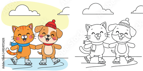 Coloring book or page cute cat and dog ice skating. Vector illustration of happy pets friends skater. Winter sport activity for kids with colored example and black and white outline.