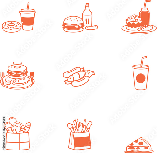 Fast food illustration set in orange monochrome style featuring burgers pizza drinks fries and snack items