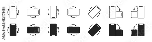 Rotate Phone Icon Set – Mobile Screen Orientation Arrow Symbols, Landscape and Portrait Rotation Signs, Vector Illustration on Transparent Background