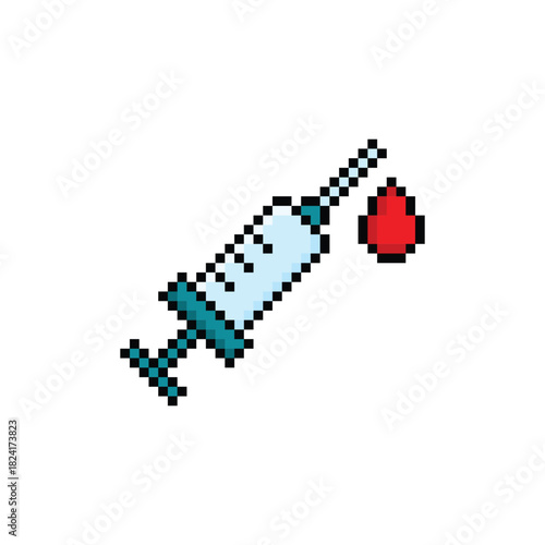  pixel art syringe with blood drop  injection 8 bit vector icon for computer game logo