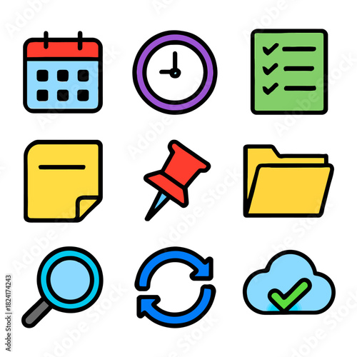 Colorful office icons - calendar, clock, checklist, folder, cloud, pin, note.