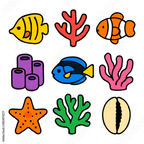 Colorful cartoon marine life set with fish and coral on white background.