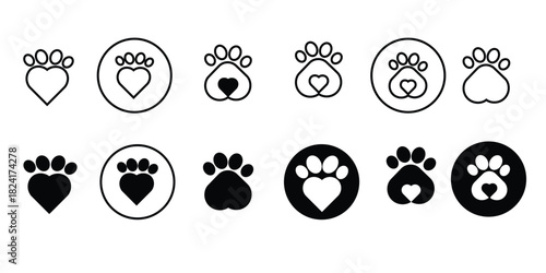 Paw print icon. Pet animal health care insurance symbol. Dog or cat footprint mark vector. Kitty paw with heart sign. Pet love logo.