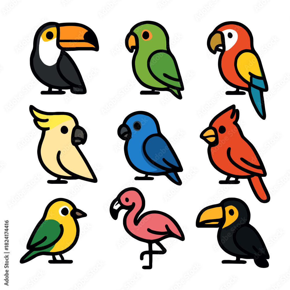 Fototapeta premium Colorful cartoon birds collection featuring toucans, parrots, flamingo, cardinal, parakeet.