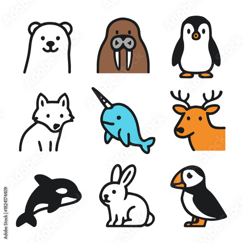 Cute arctic and animal icons featuring bear, walrus, penguin, fox, narwhal, deer, orca, rabbit, puffin.