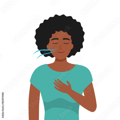 Mental health concept with pretty young woman. Young girl doing breathing exercise. care. Awareness, mindfulness and meditation. Flat vector illustration isolated on white background
