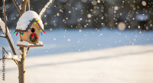 Winter birdhouse decorated with lights and wreath in snowfall  