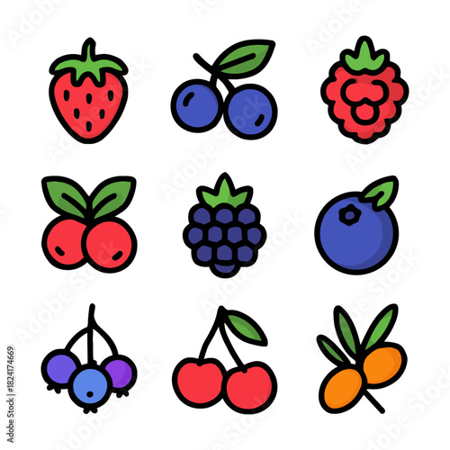Colorful fruit icons set: strawberries, blueberries, raspberries, cherries.
