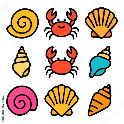 Colorful cartoon sea creatures and shells collection.