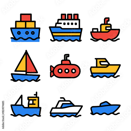 Colorful nautical vessels icons set: boats, ships, submarines.